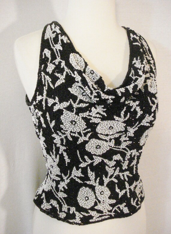 Formal Silk Beaded Top Black & White Silk by Ceci… - image 9