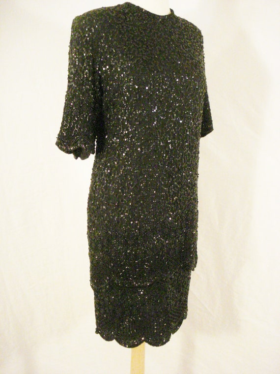 Black Sequin & Beaded Silk Dress Vintage Brillian… - image 10