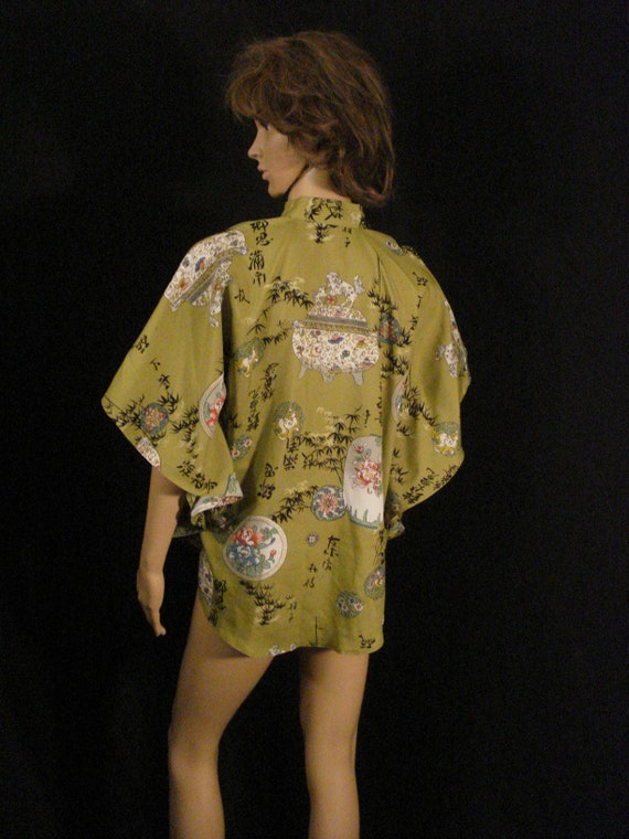 Asian Oriental Olive Green Kimono Muumuu Style To… - image 10