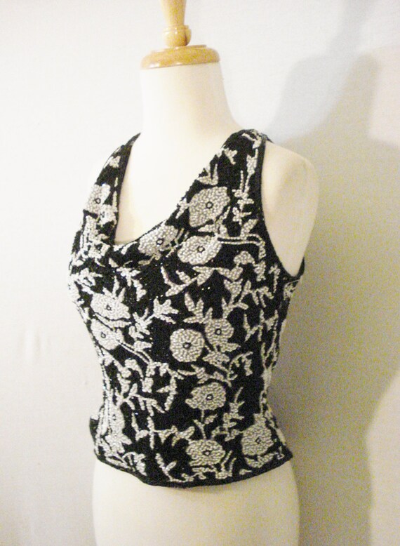 Formal Silk Beaded Top Black & White Silk by Ceci… - image 8