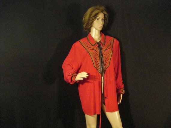 Red Silk Bob Makie Wearable Art Jacket Embroidere… - image 2