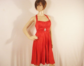 Red Halter Dress Pleated Rhinestone removable Brooch Marilyn Monroe Style by Speechless Size S
