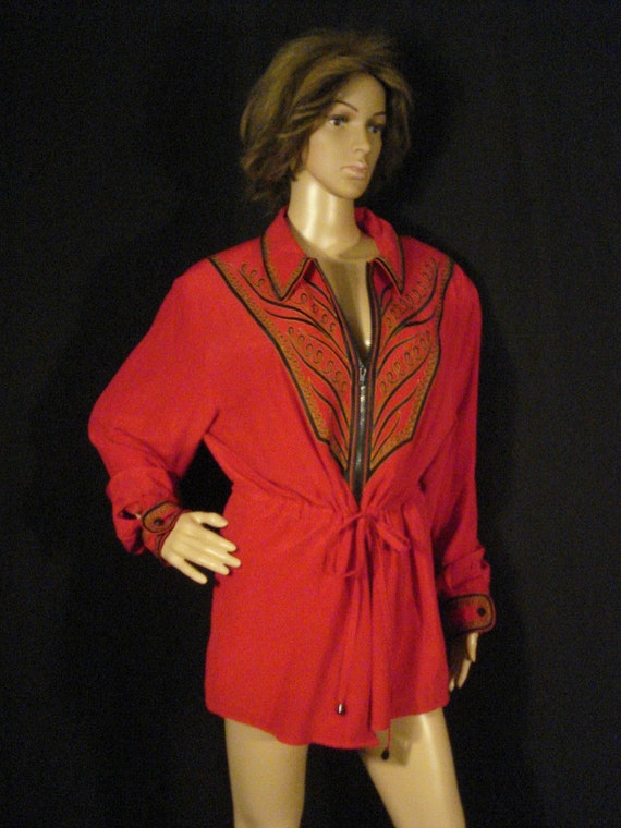 Red Silk Bob Makie Wearable Art Jacket Embroidere… - image 9