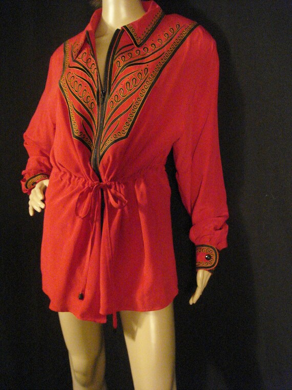 Red Silk Bob Makie Wearable Art Jacket Embroidere… - image 4