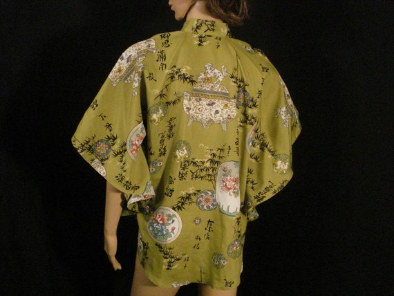 Asian Oriental Olive Green Kimono Muumuu Style To… - image 8