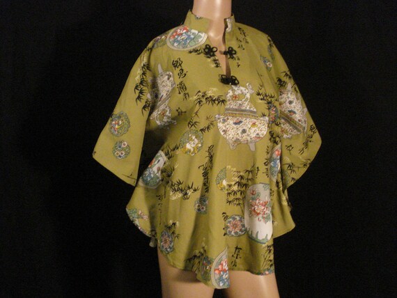 Asian Oriental Olive Green Kimono Muumuu Style To… - image 2