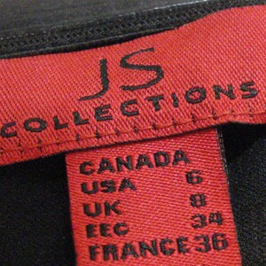 May include: Red label with white text that reads "JS COLLECTIONS" and a size chart with the following sizes: Canada 6, USA 8, UK 6, EEC 34, France 36.