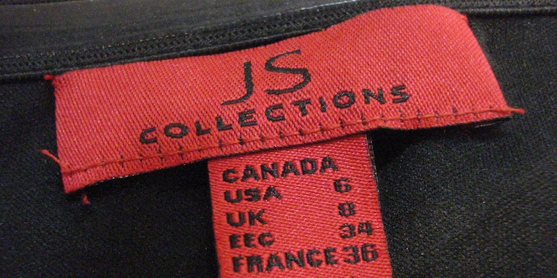 May include: Red label with white text that reads "JS COLLECTIONS" and a size chart with the following sizes: Canada 6, USA 8, UK 6, EEC 34, France 36.