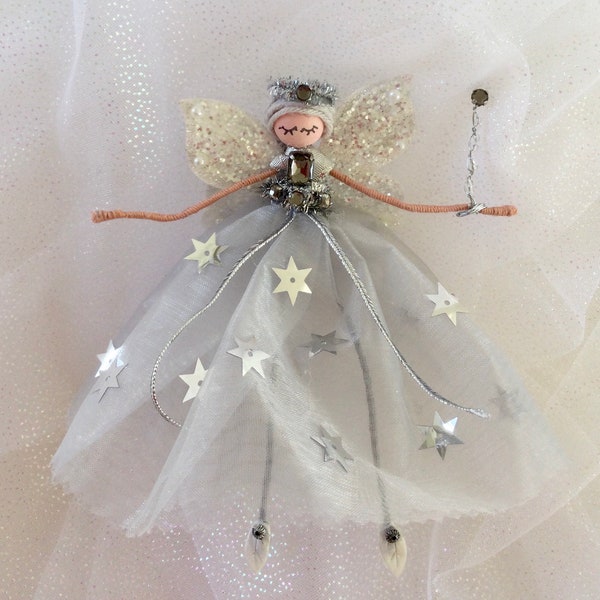 Bejeweled Silver Sparkle Fairy - Christmas Decor - Silver Wedding Anniversary Gift - Heirloom Keepsake - New Baby Gift - Xmas Decor