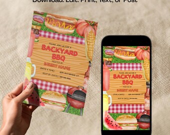 Editable BBQ Party Invite | Backyard Summer Bash Canva Template | Textable & Printable Download for Cookout, Grill Out or Birthday