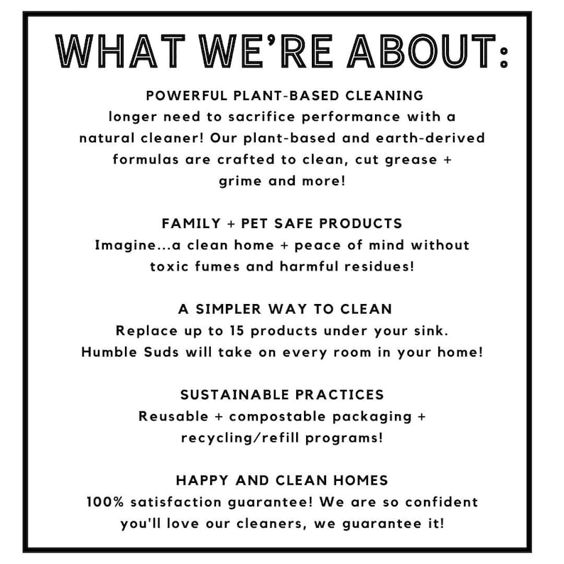Puede incluir: Un fondo blanco con texto negro que describe los beneficios de usar productos de limpieza a base de plantas. El texto incluye las frases "Limpieza potente a base de plantas", "Productos seguros para familias y mascotas", "Una forma m&aacute;s sencilla de limpiar", "Pr&aacute;cticas sostenibles" y "Hogares felices y limpios".