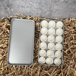May include: A rectangular silver-colored metal tin with a separate lid, containing eighteen small, circular, off-white ceramic pans arranged in a grid. The pans are empty and have a smooth, concave surface, designed for holding pigments or paints.
