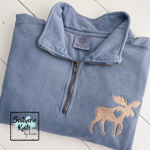Moose Sweatshirt • Comfort Colors • Quarter-zip Sweatshirt • Moose Gifts • Moose embroidery design