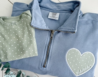 KEEPSAKE MAMA with HEART Appliqué • Baby pajamas • Comfort Colors • Quarter-zip Sweatshirt • Mother’s Day gift • Name • Children