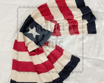 AMERICANA NURSERY • Stars & Stripes • 100 % organic cotton handknit baby blanket • Red, White and Blue • made in USA • Military Family