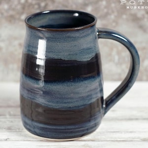 Hand Thrown Pottery Coffee Mug: Blues & Black Glaze, 16 oz