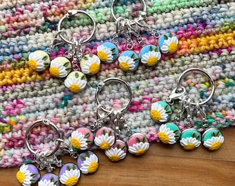 Daisy stitch markers, crochet progress keepers, notions, craft supplies, crochet accessories, lobster clasp markers