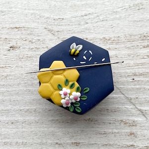 Navy hexagon bumble bee needle minder, sewing needle magnet, cross stitch embroidery needle holders