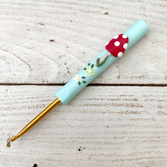 Mint Mushroom Ergonomic Crochet Hook, Cute Toadstool Polymer Clay