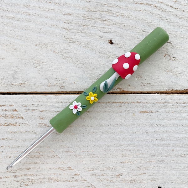 Mushroom ergonomic crochet hook, cute toadstool polymer clay crochet hook, gift for a crocheter, craft supplies