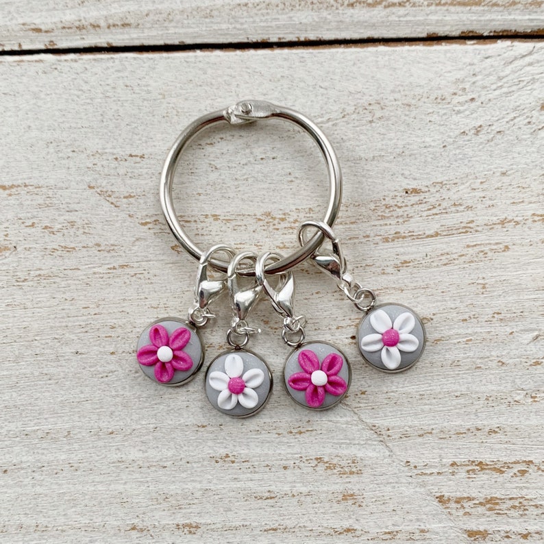 polymer clay charms crochet progress keepers Pink and grey stitch markers gift for a crafter