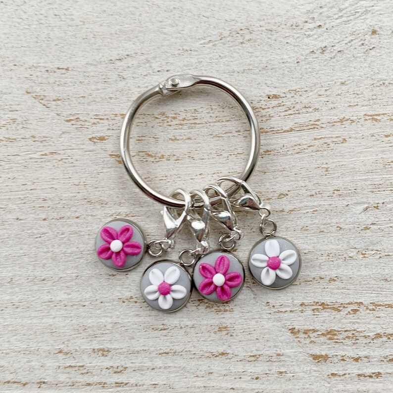 polymer clay charms crochet progress keepers Pink and grey stitch markers gift for a crafter