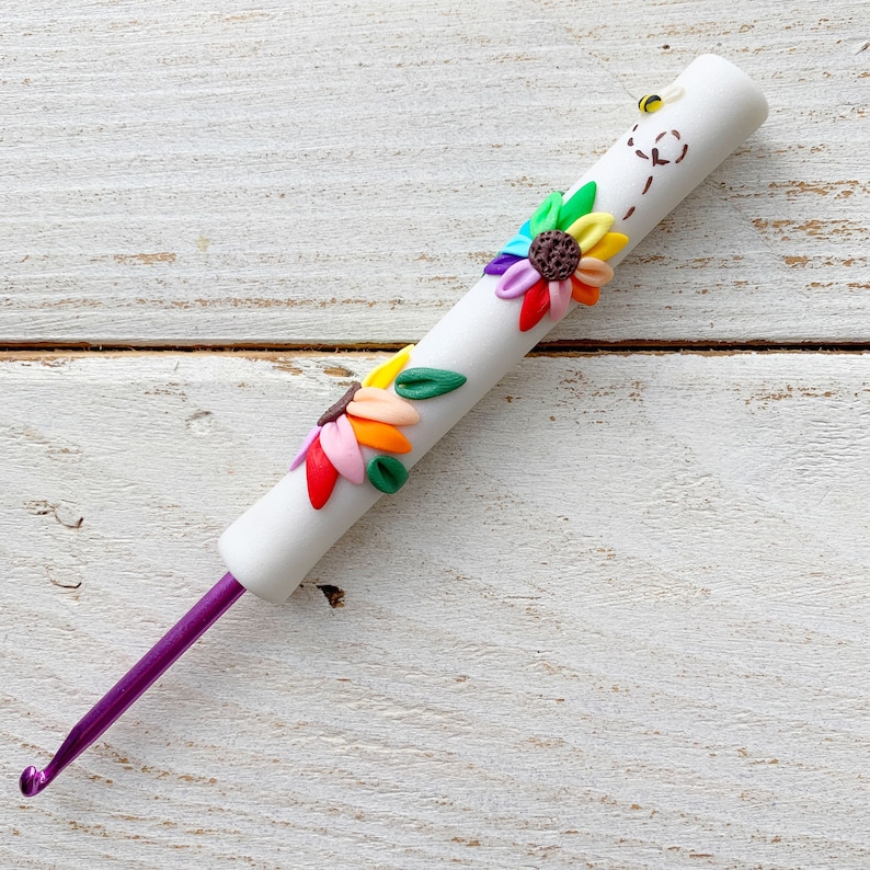 Rainbow flower polymer clay crochet hook image 1