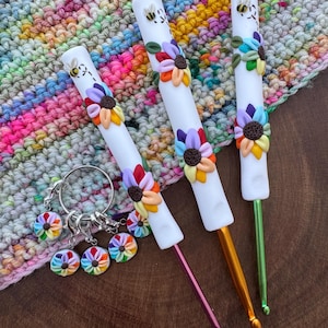Rainbow flower polymer clay crochet hook