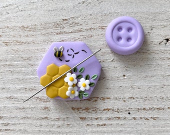 Lilac honeycomb bumble bee needle minder, sewing needle magnet, cross stitch embroidery tools