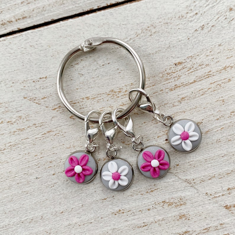 polymer clay charms crochet progress keepers Pink and grey stitch markers gift for a crafter