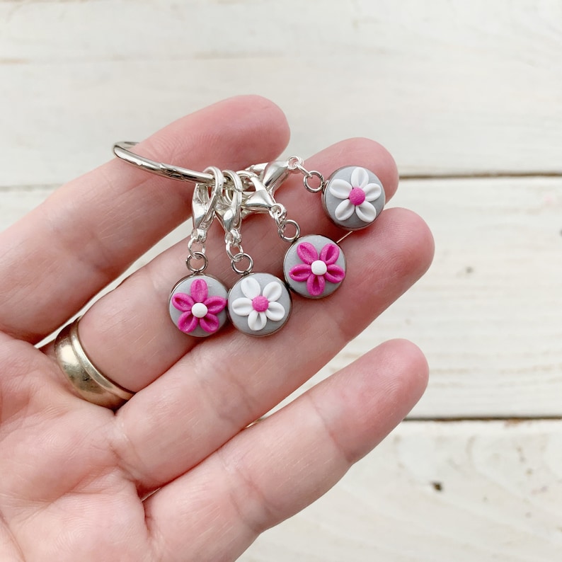 polymer clay charms crochet progress keepers Pink and grey stitch markers gift for a crafter