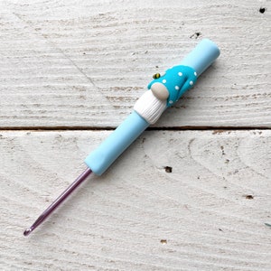 Blue bee hat gnome crochet hook, polymer clay pastel crochet hooks, gonk crochet hooks