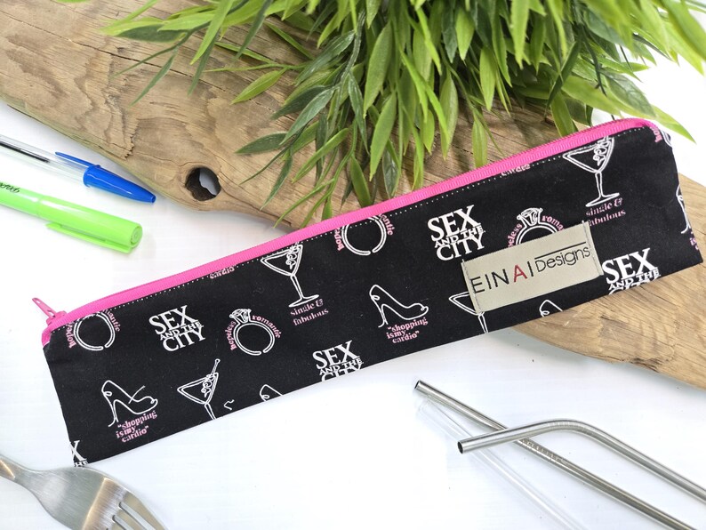 Reusable straw pouch + Straw Option - Water resistant zippered pouch good for toothbrush, makeup brushes, cutlery and pencils case Sex City