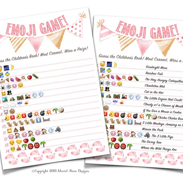Baby Shower Emoji Game  - Nursery Children's Book Emoji Pictionary Game - Fun Unique Games DIY PDF Pink Watercolor Theme Emoticon Pictionary