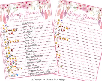 Bridal Shower Emoji Game  - Fun Unique Games DIY PDF Wedding Personalized Boho Floral Dreamcatcher Pink Purple Theme Emoticon Pictionary