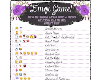 Bridal Shower Emoji Game  - Fun Unique Games DIY PDF Wedding Personalized Chalkboard Purple Floral Flower Theme Emoticon Pictionary