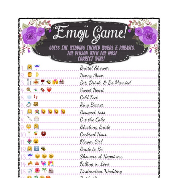 Bridal Shower Emoji Game  - Fun Unique Games DIY PDF Wedding Personalized Chalkboard Purple Floral Flower Theme Emoticon Pictionary