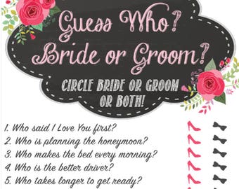 Guess Who Bride or Groom - Bridal Shower Game - He said she said - Instant Download - Fun Unique PDF DIY Chalkboard Pink Floral Rustic Theme