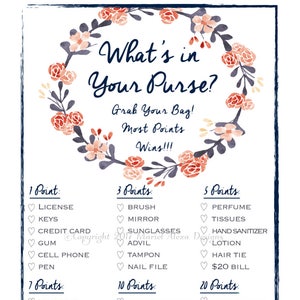 Juego de despedida de soltera ¿Qué hay en tu bolso? Búsqueda de bolsos - Divertidos juegos únicos DIY PDF Boda Personalizado otoño azul marino burdeos oro floral Tema