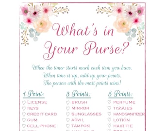 Bridal Shower Game What&#39;s in Your Purse - Bag Search - Fun Unique Games DIY PDF Wedding Personalized Boho floral mint pink Teal Theme