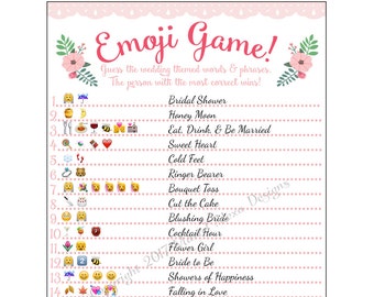 Bridal Shower Emoji Game - Fun Unique Games DIY PDF Wedding Personalized Watercolor Pink Floral Garden Flower Theme Emoticon Pictionary