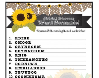 Bridal Shower Word Scramble Game  - Fun Unique Games DIY PDF Wedding Personalized Sunflower Rustic Garden Burlap Theme Printable Word Jumble