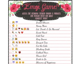 Bridal Shower Emoji Game - Fun Unique Games DIY PDF Wedding Personalized Chalkboard Pink Floral Flower Theme Emoticon Pictionary