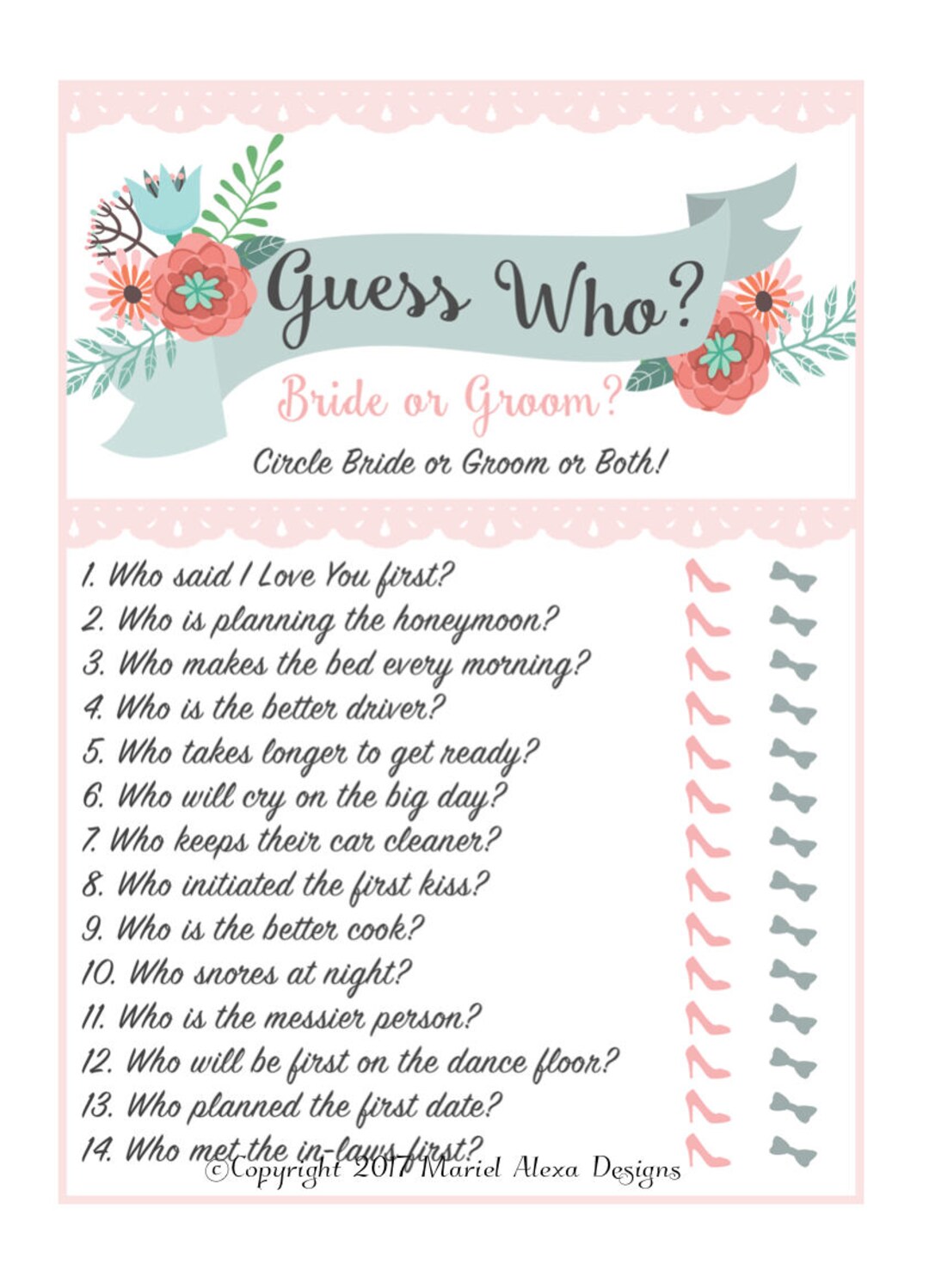 Bridal Shower Guess Who Game Fun Unique DIY PDF Wedding Pink Mint