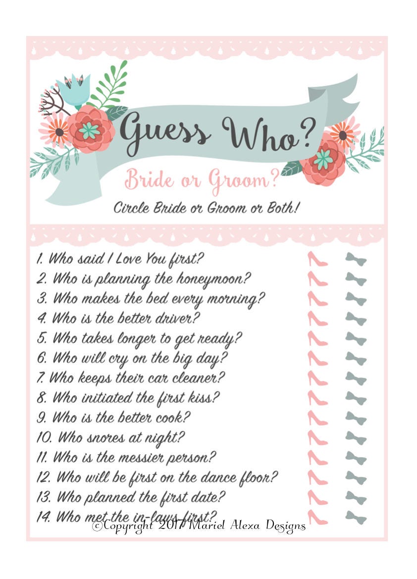 Bridal Shower Guess Who Game Fun Unique DIY PDF Wedding Pink Mint