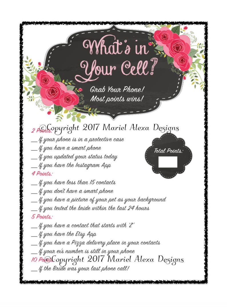 Bridal Shower Game What's in Your Cell Phone Search Etsy
