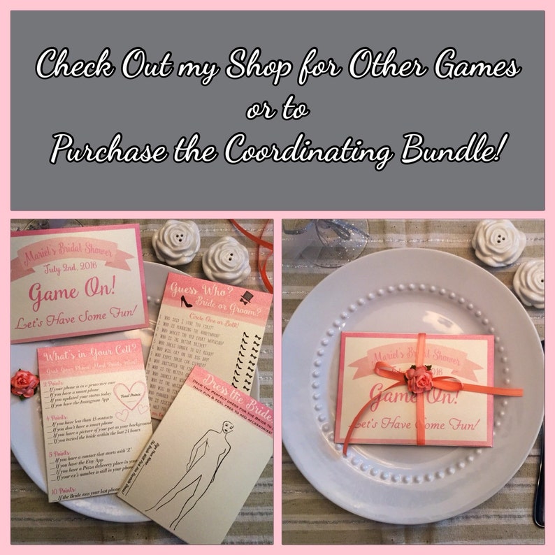 May include: A set of bridal shower games with pink and white designs. The games include "Guess Who?", "What's in Your Cell?", and "Dress the Bride". The games are printed on white cardstock with pink text and graphics. The games are packaged in a white envelope with a pink ribbon and a small pink flower.