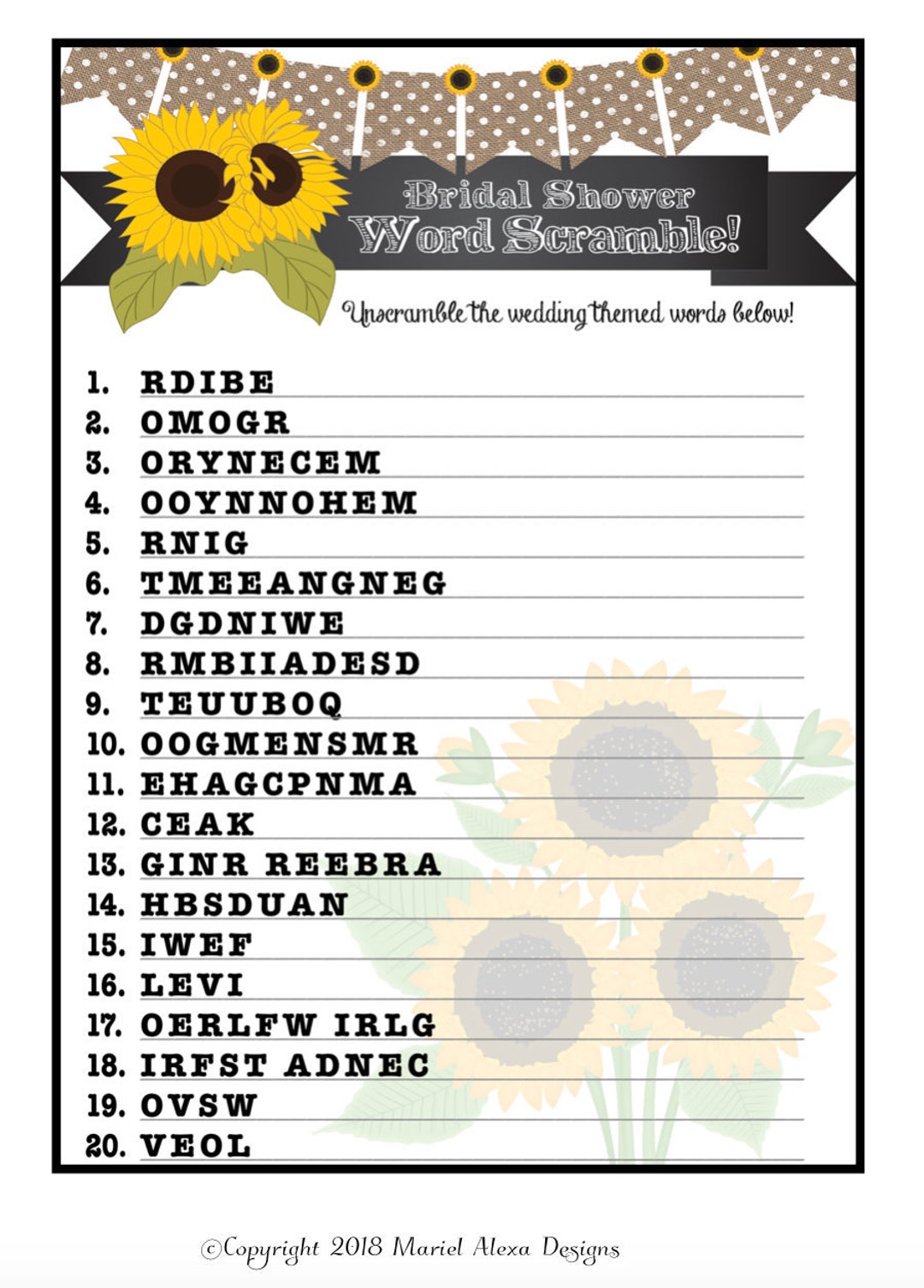 Free Printable Bridal Shower Games Word Scramble