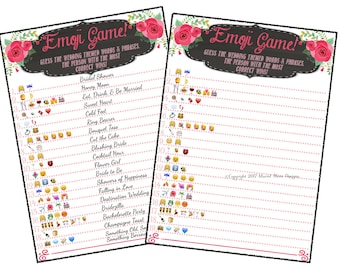 Bridal Shower Emoji Game - Fun Unique Games DIY PDF Wedding Personalized Chalkboard Pink Floral Flower Theme Emoticon Pictionary