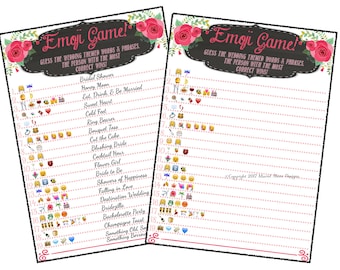 Bridal Shower Emoji Game  - Fun Unique Games DIY PDF Wedding Personalized Chalkboard Pink Floral Flower Theme Emoticon Pictionary